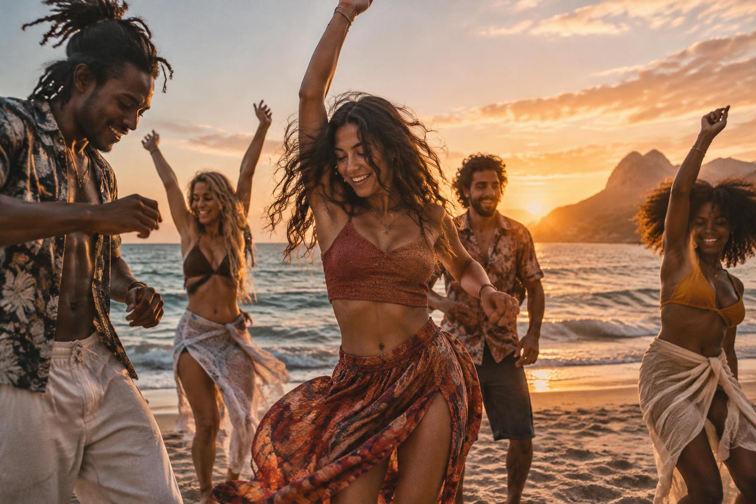 Friends dancing on a beach at sunset