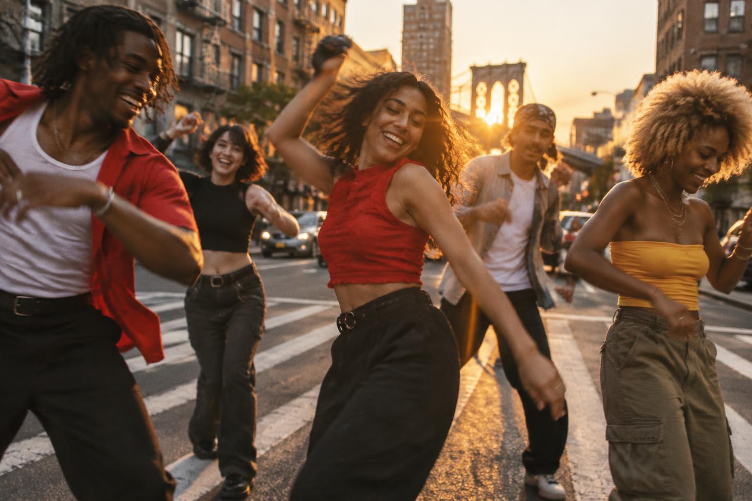 Friends dancing together in a city street at sunset