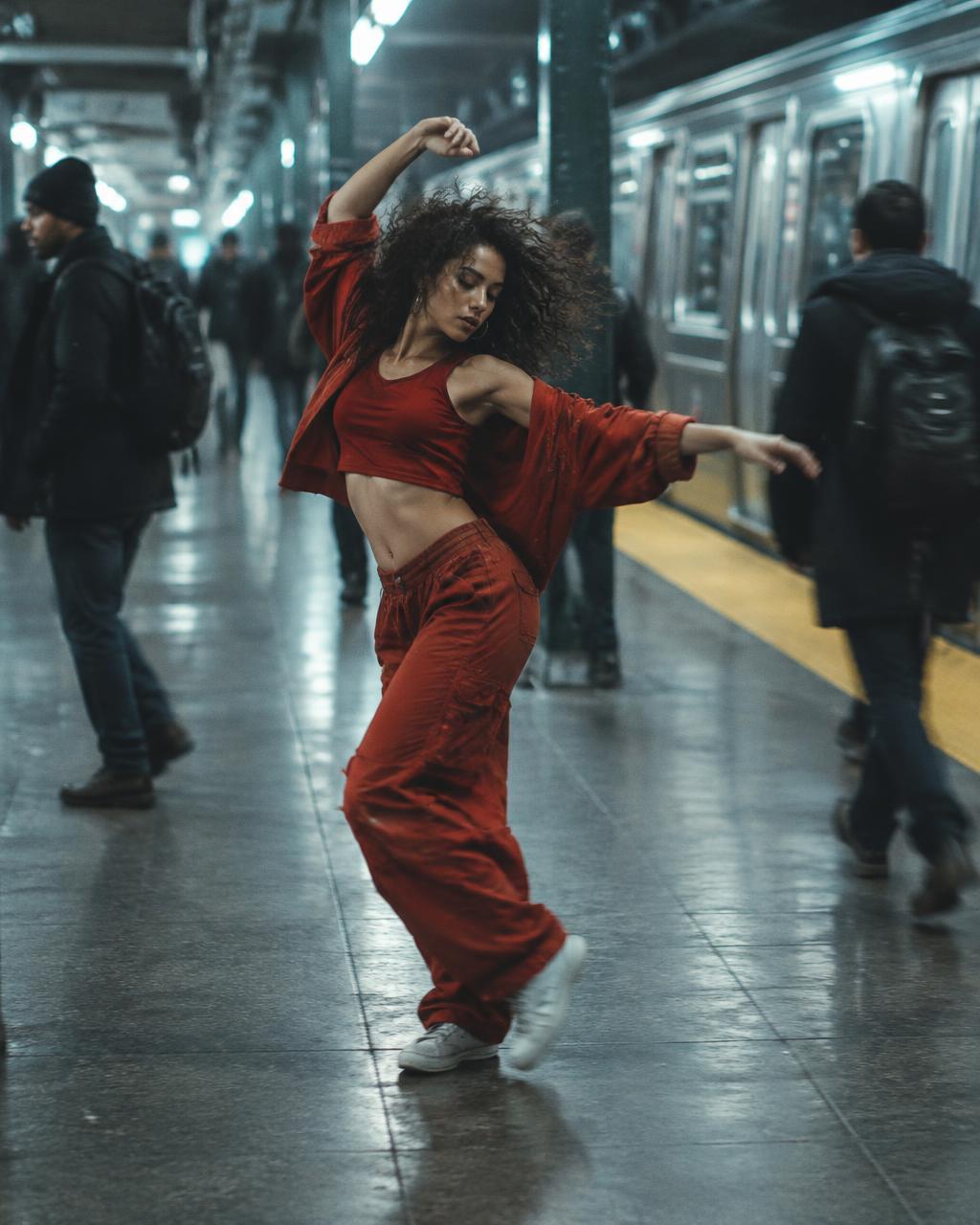 A dancer on a subway platform